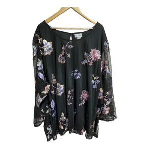 Catherines Womens Black Embroidered Floral Pull Over Top Sheer Sleeves 5X New